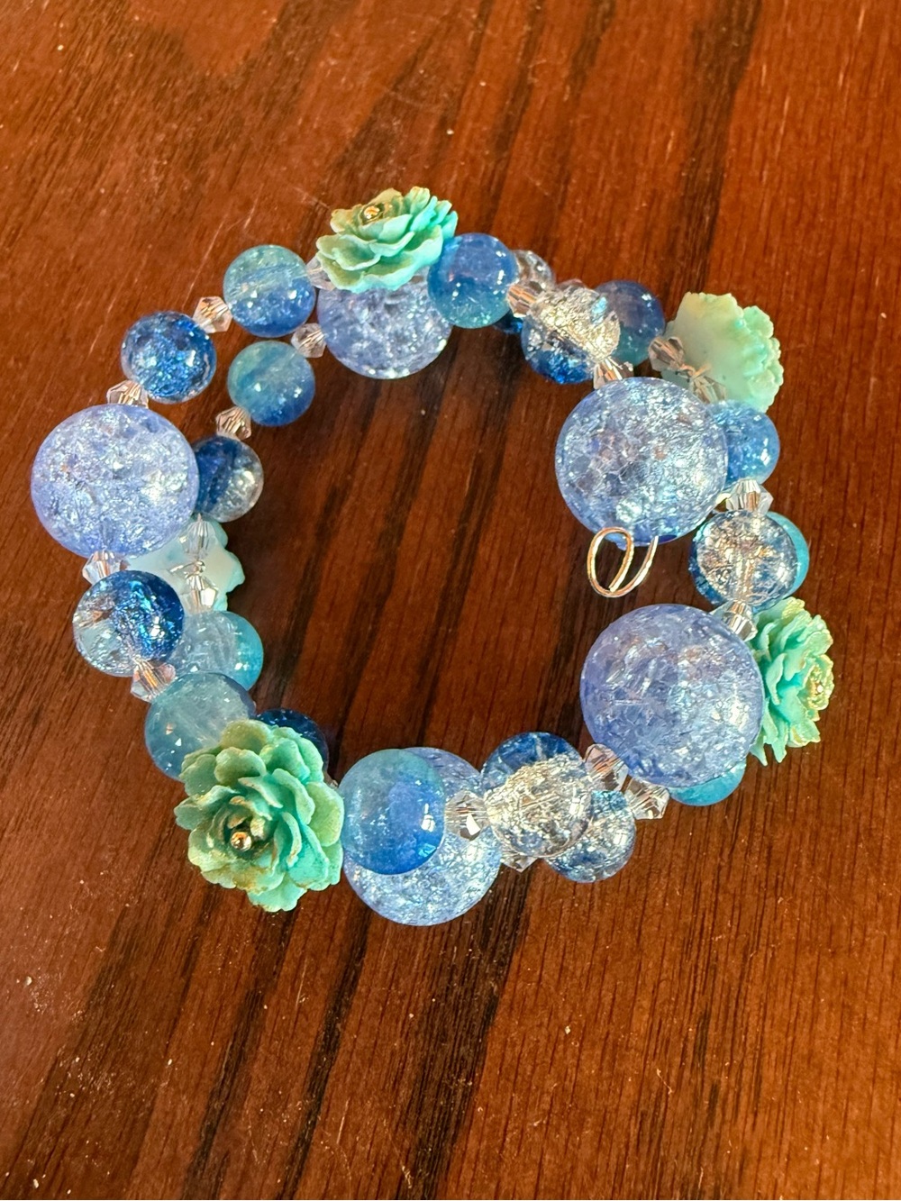 Blue Floral Beaded Stretch Bracelet